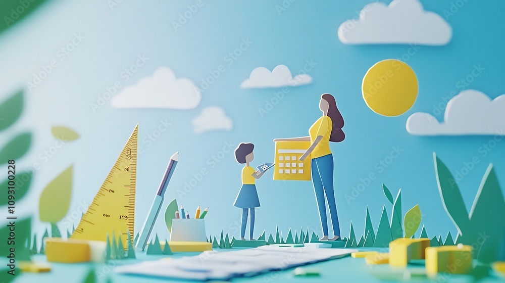 Poster whimsical paper cut scene depicting a parent helping a child navigate an online learning platform su