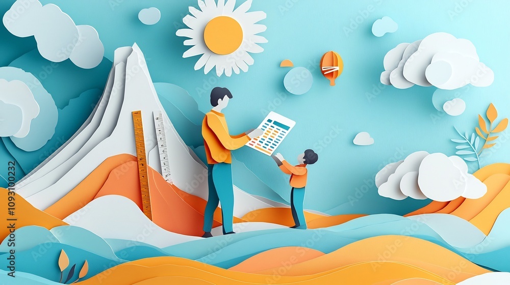 Poster whimsical paper cut scene depicting a parent assisting a child with an online learning platform surr