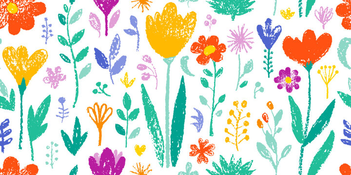 Flower crayon. Pastel chalk pattern. Child vector, spring seamless background. Floral cute kid color wax pattern. Childish pencil flower. Childlike drawing with daisy, grass, bloom. Seamless crayon bg