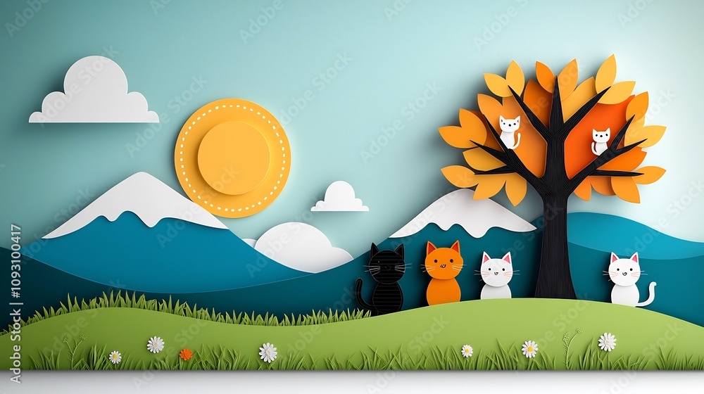 Poster whimsical paper cut style depicting a family of cats sitting under a tree in a meadow with each cat 