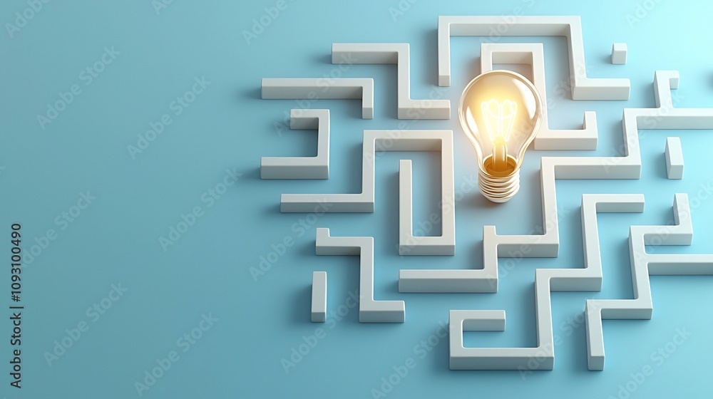 Poster Glowing 3D maze like design with a bright light bulb at the finish surrounded by a blue and white gradient backdrop representing creativity innovation and the path to enlightenment