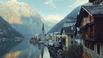 Obraz premium Hallstatt village in Austria, a beautiful village in a valley near a lake, mountain landscape and old town, covered in white snow. 