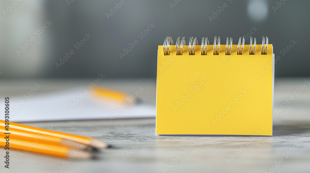 Poster small yellow notepad with spiral binding sits on table, surrounded by orange pencils and blank sheet
