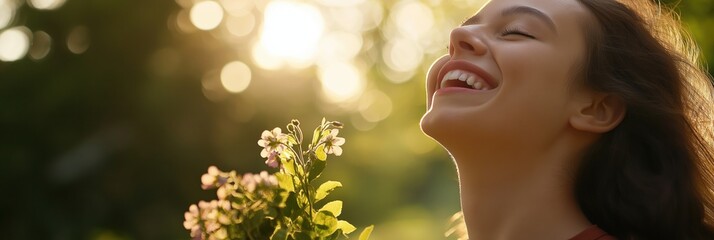 Fototapeta premium A young woman smiles joyfully while holding flowers, immersed in the beauty of nature and embodying the essence of happiness and tranquility in a serene environment.
