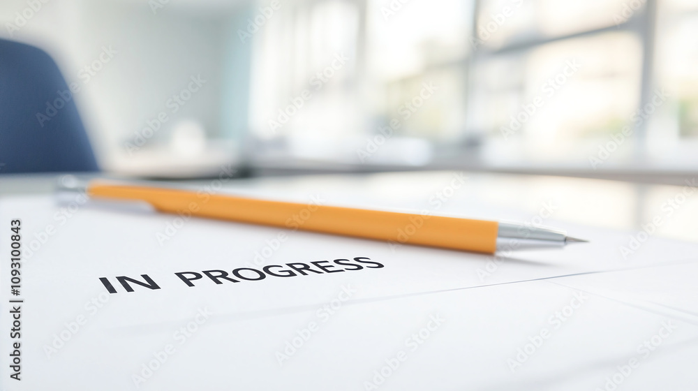Poster document marked in progress with pen on desk, showcasing workspace atmosphere. setting is bright and