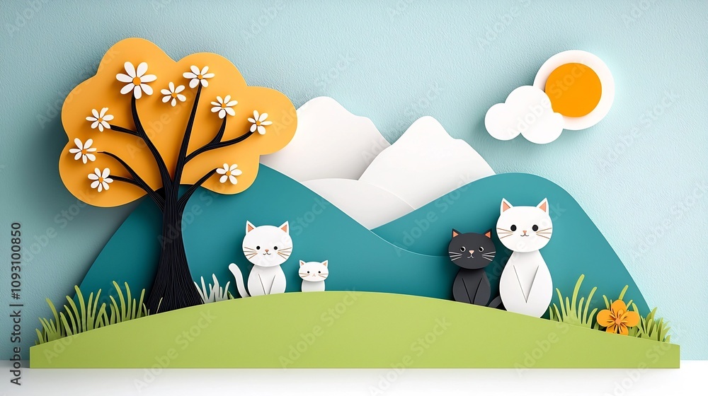 Poster whimsical paper cut style of a family of cats sitting under a tree in a lush meadow with each feline