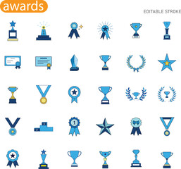 Award Icons Trophies, Medals, Ribbons, Stars, Winning Achievement