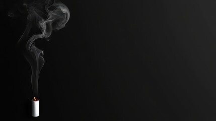 Minimalist image of lit cigarette with white filter and orange tip against black background, emitting delicate gray smoke. it evokes themes of smoking, addiction, and health awareness.