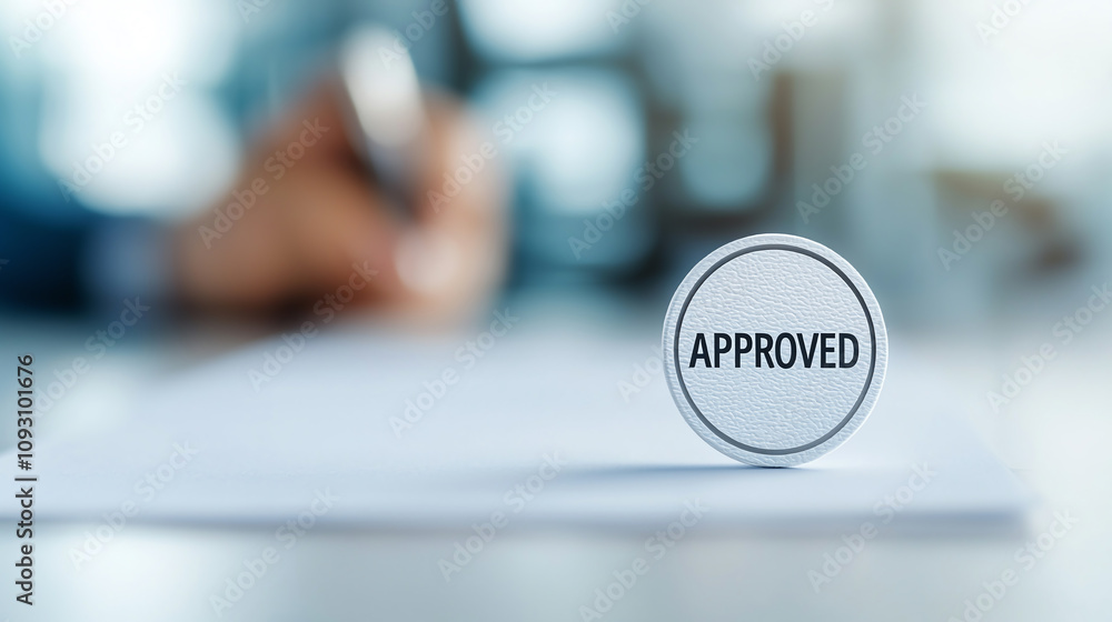 Poster close up of approved stamp on formal document, symbolizing success and validation in business proces