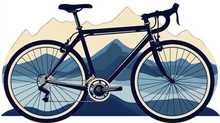 Fototapeta premium Sleek road bike with lightweight black frame and drop handlebars stands against stylized mountains, adventure and freedom. artwork inspires cycling and outdoor activities.