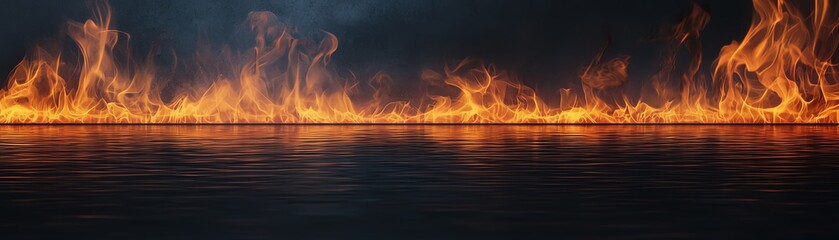 Fototapeta premium A vivid depiction of flames reflecting on calm waters, showcasing nature's contrasts.