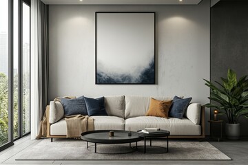 Elegant Modern Living Room With a Serene Atmosphere Featuring a Cozy Sofa and a Soothing Artwork