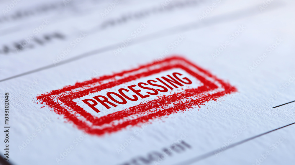 Poster close up of document featuring bold red processing stamp, symbolizing ongoing administrative tasks a