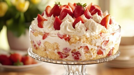 National Ambrosia Day Delicious homemade strawberry trifle with whipped cream layers for summer dessert display