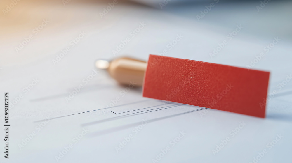 Poster close up of official document with red label and pen, symbolizing pending approval. image conveys se