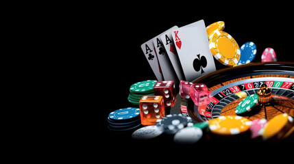 Fototapeta na wymiar Vibrant close-up composition features roulette wheel, fanned playing cards showing winning hand, and colorful poker chips, all set against dark background, capturing the excitement of gaming.