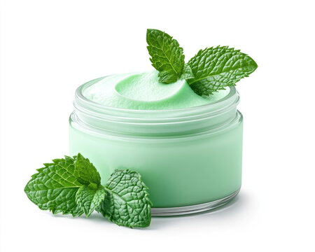 Mint cream moisturizer in a glass jar with fresh mint leaves,  isolated on white background