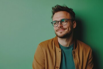 Fototapeta premium Casual Man Leaning Against Green Wall Smiling Confidently. Great for Relaxed Branding or Creative Lifestyle Promotions