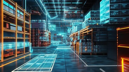 The Future of Logistics: A futuristic warehouse, bathed in vibrant neon lights, showcasing an immersive digital overlay that optimizes inventory management and efficiency.