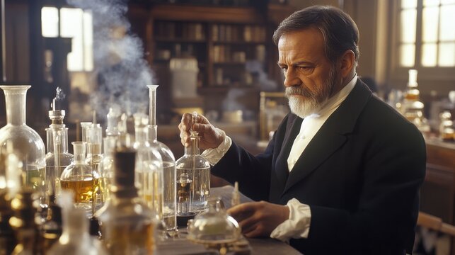 Louis Pasteur Birthday Historical scientist in laboratory conducting experiments with glassware