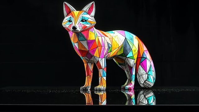 Colorful geometric fox sculpture on reflective surface