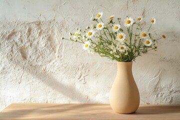 Minimalist Living Room Decor with Chamomile Flower Bouquet on Wooden Table