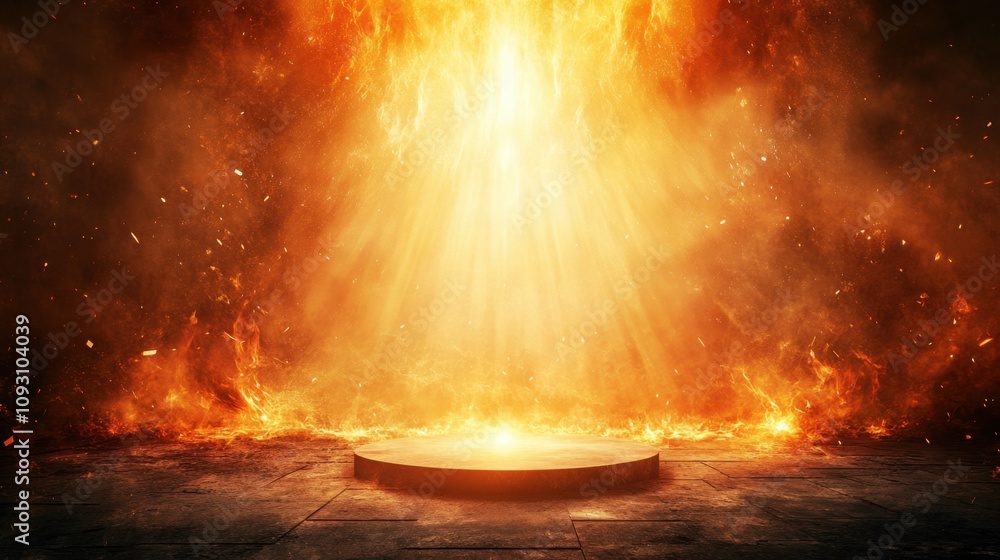 Poster fiery light emanating from a circular platform surrounded by flames and smoke in a dramatic spectacl