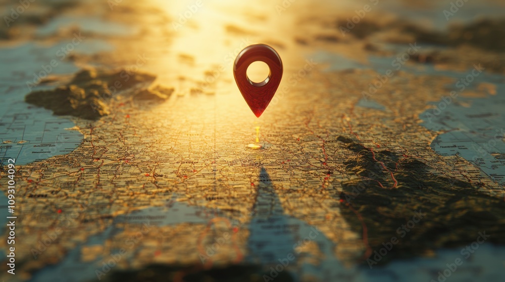 Poster geolocation pin marking a destination on a softly lit world map representing navigation, travel, exp