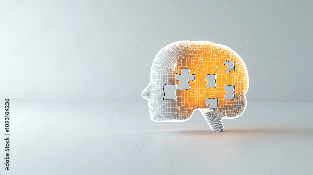 Poster Bright glowing puzzle piece floating within the outline of a human head shape representing the complex nature of mental health challenges and the search for solutions on a clean white backdrop
