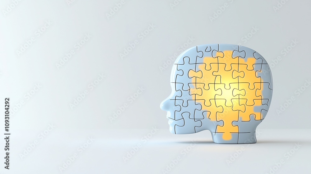 Poster Bright glowing puzzle piece floating within the shape of a human head representing the complexity and challenges of mental health  Conceptual image on a clean white backdrop