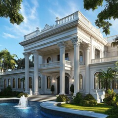 Obraz premium Majestic Villa Stands in Serene Landscape, Showcasing Elegant Architecture and a Tranquil Pool Under a Clear Blue Sky in the Afternoon Light