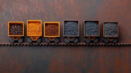 Coal mining carts on rails industrial site aerial view dark brown environment heavy industry concept
