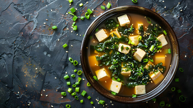 Photo Japanese Miso Soup Tofu Wakame Seaweed Scallions Sesame Seeds