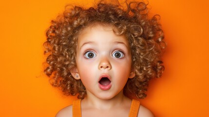 Fototapeta premium Curious Child with Big Curls Expressing Surprise Against Vibrant Orange Backdrop, Capturing Genuine Emotion and Playfulness in a Bright Setting