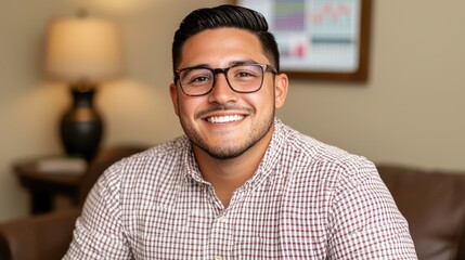 Smiling young man with glasses sitting in a cozy indoor setting, exuding confidence and warmth while dressed in a checkered shirt, perfect for lifestyle and portrait photography.