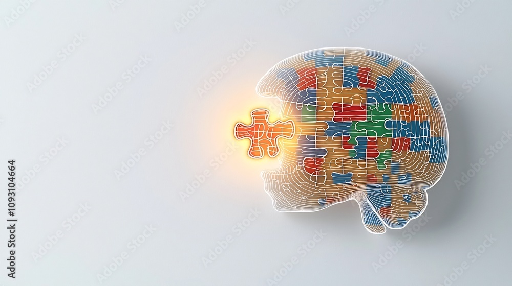 Fototapete vibrant glowing puzzle piece embedded in a human head symbolizing the search for mental health solut