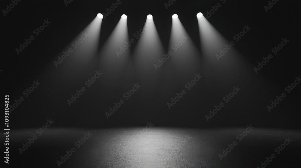 Poster dramatic stage lighting with four spotlights casting soft shadows on an empty dark stage, creating a