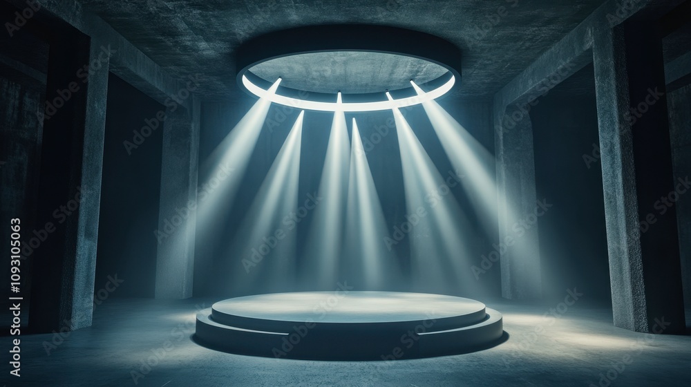 Poster dramatic lighting in an empty stage with circular spotlight in a dark industrial space creating an a