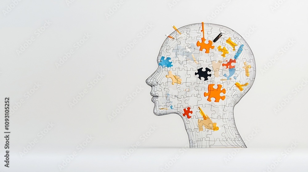 Poster Luminous puzzle piece featured within a human head outline representing the concept of mental health and problem solving on a white background