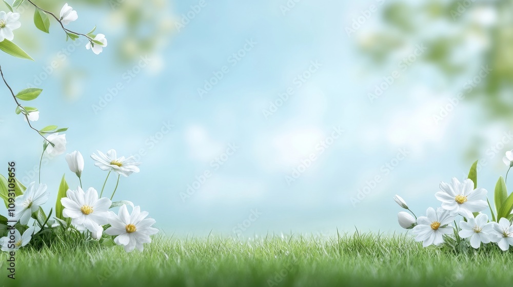 Poster enchanting floral background with soft green grass and gentle blue sky perfect for tranquil nature t