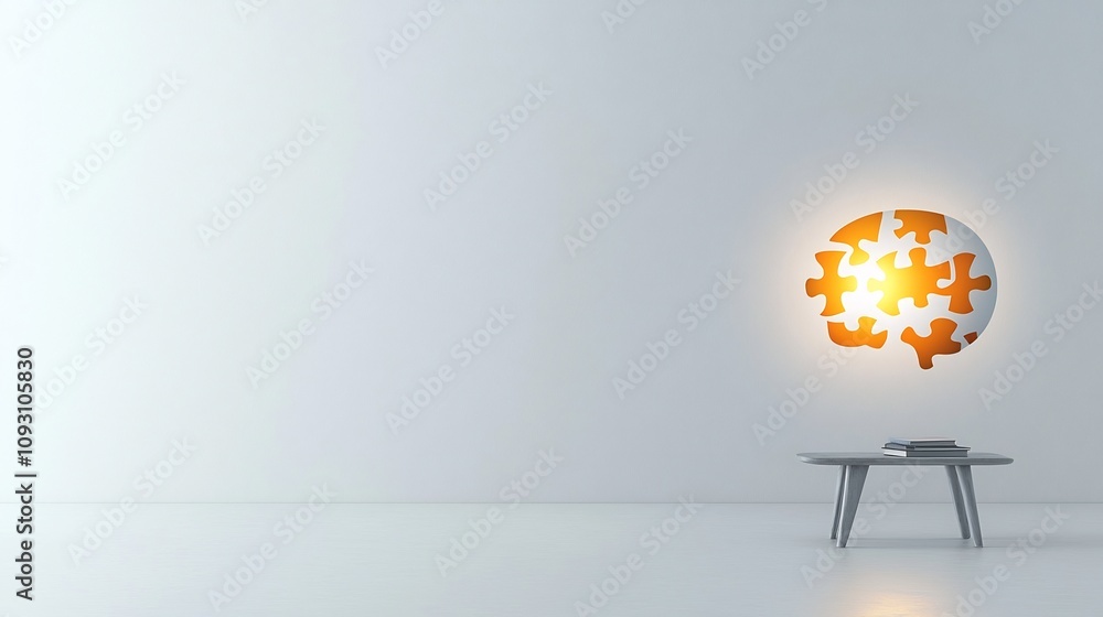 Aufkleber Glowing puzzle piece shining brightly within the silhouette of a human head symbolizing mental health challenges and the importance of awareness  Set against a clean white canvas background