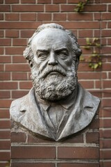 Fototapeta premium Karl Marx Birthday Historical sculpture of bearded man with brick wall background for art and history themes