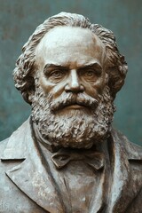 Fototapeta premium Karl Marx Birthday Historic bronze sculpture of bearded philosopher bust with classic suit against textured background