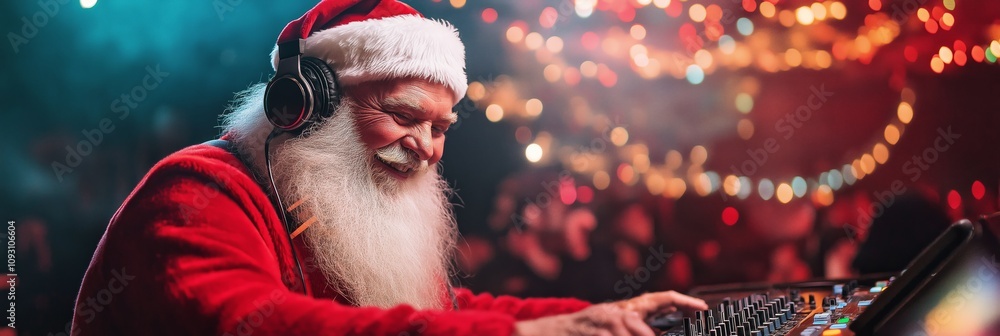 Poster a man in a santa hat is playing a dj set. the man is smiling and he is enjoying himself. the image c