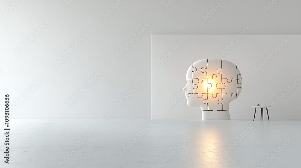 Poster glowing puzzle piece illuminated within the abstract minimalist outline of a human head symbolizing 