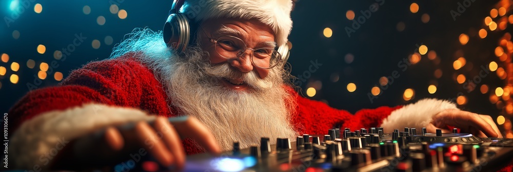 Poster santa claus is playing a dj set with a microphone. he is smiling and he is enjoying himself