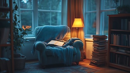 Fototapeta premium Cozy reading nook home interior design evening light relaxation