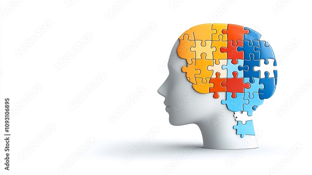 Poster glowing silhouette of a human head with a puzzle piece representing the complexities and challenges 