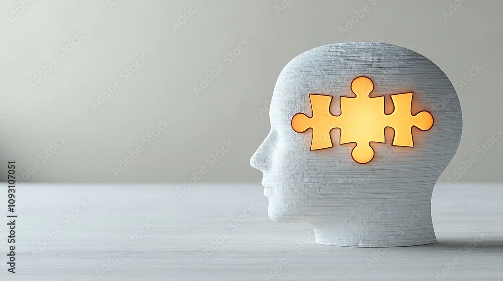 Poster glowing puzzle piece centered head design symbolizing mental health solutions on white background co