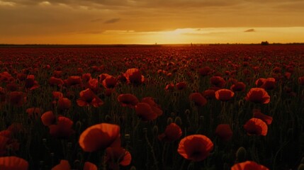 Obraz premium Vibrant Field of Red Poppies Under a Golden Sunset Sky, Capturing Nature's Beauty and Serenity in a Picturesque Landscape of Blossoming Flowers